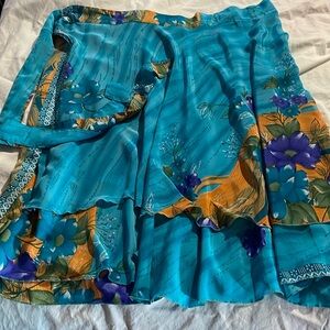 Silk wrap middy skirt. Teal with orange and purple flowers. Double layered.